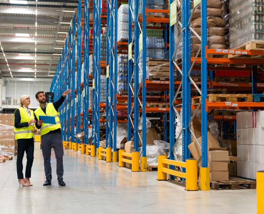 People In Warehouse Pointing To Pallet Racks